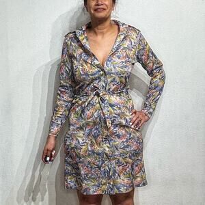 First Edition Multicolor Watercolor 70s Dagger Collar Belted Shirt Dress Sz 8